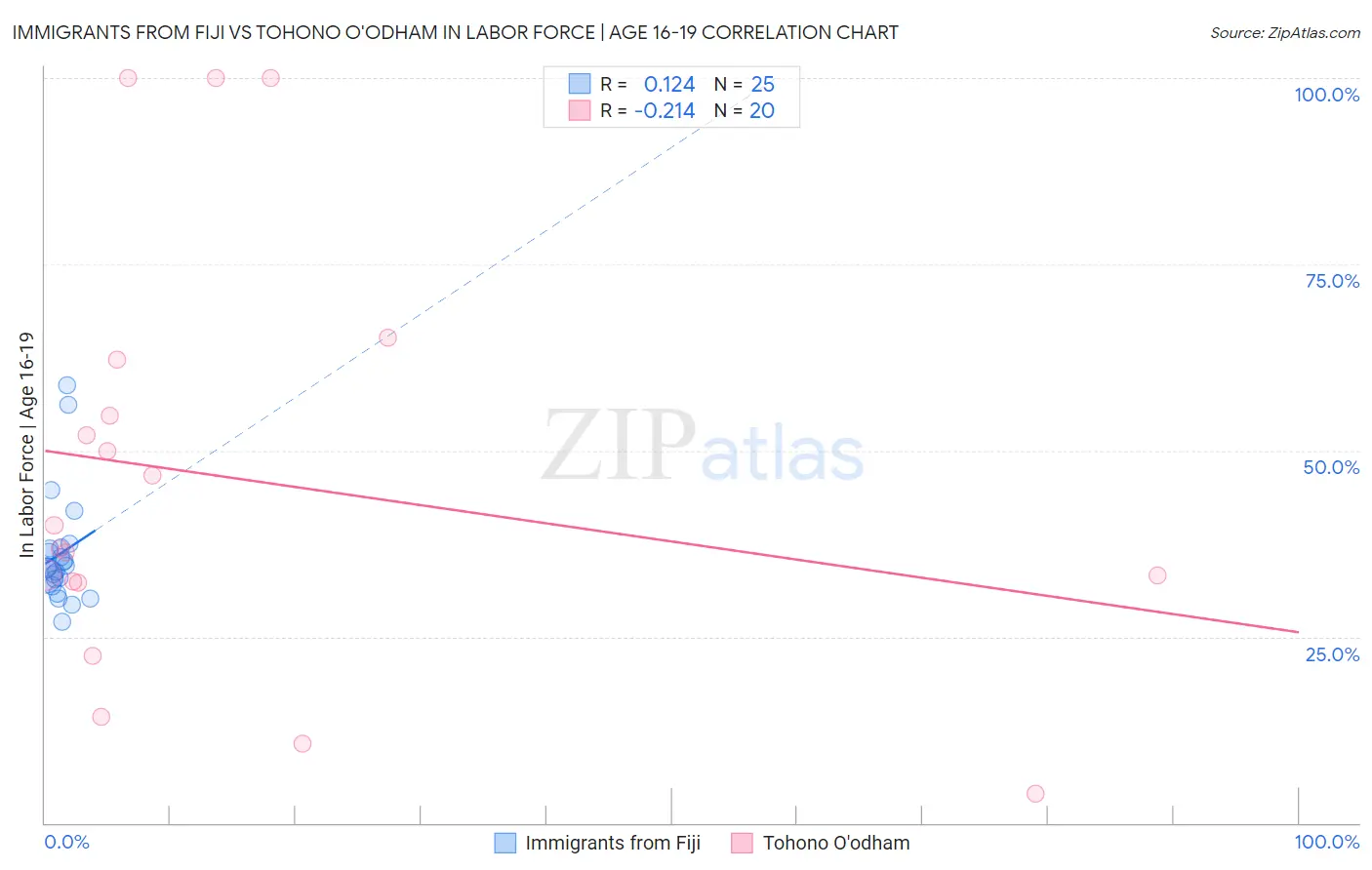 Immigrants from Fiji vs Tohono O'odham In Labor Force | Age 16-19