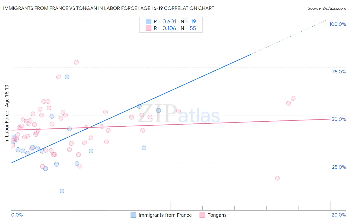 Immigrants from France vs Tongan In Labor Force | Age 16-19