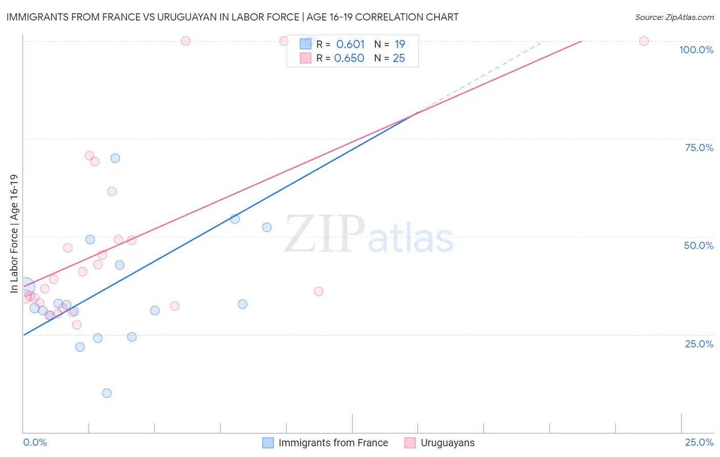 Immigrants from France vs Uruguayan In Labor Force | Age 16-19
