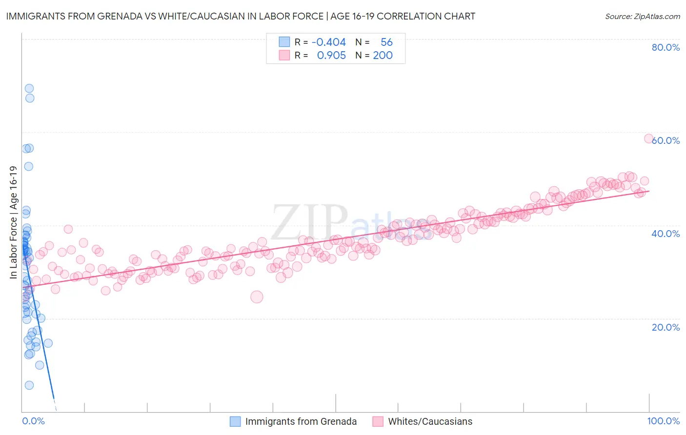 Immigrants from Grenada vs White/Caucasian In Labor Force | Age 16-19