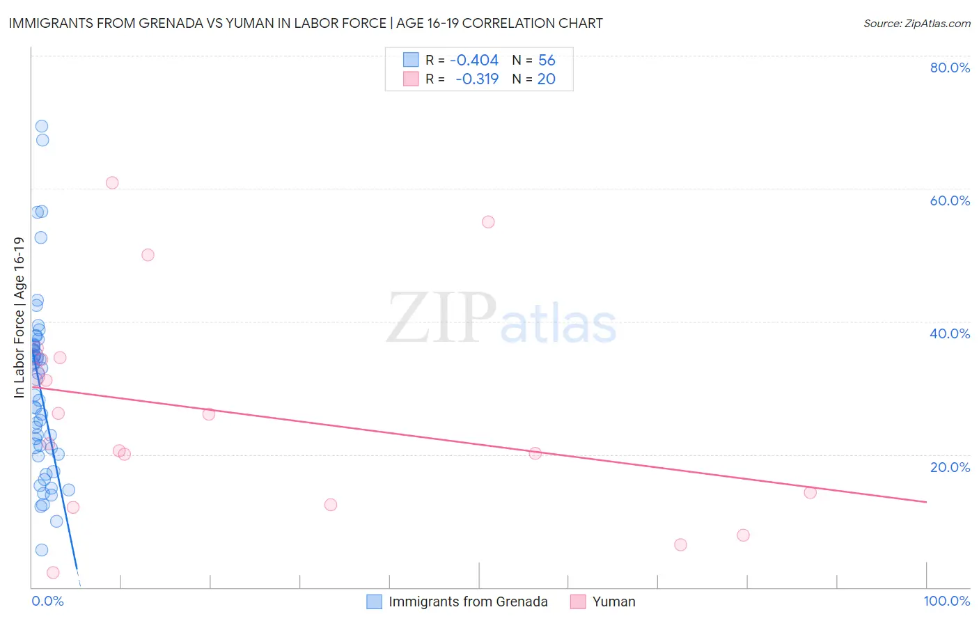 Immigrants from Grenada vs Yuman In Labor Force | Age 16-19