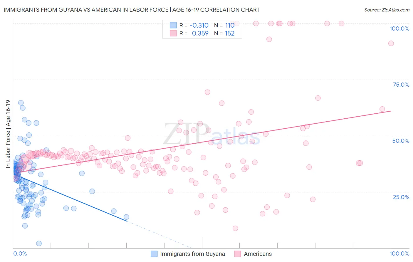 Immigrants from Guyana vs American In Labor Force | Age 16-19