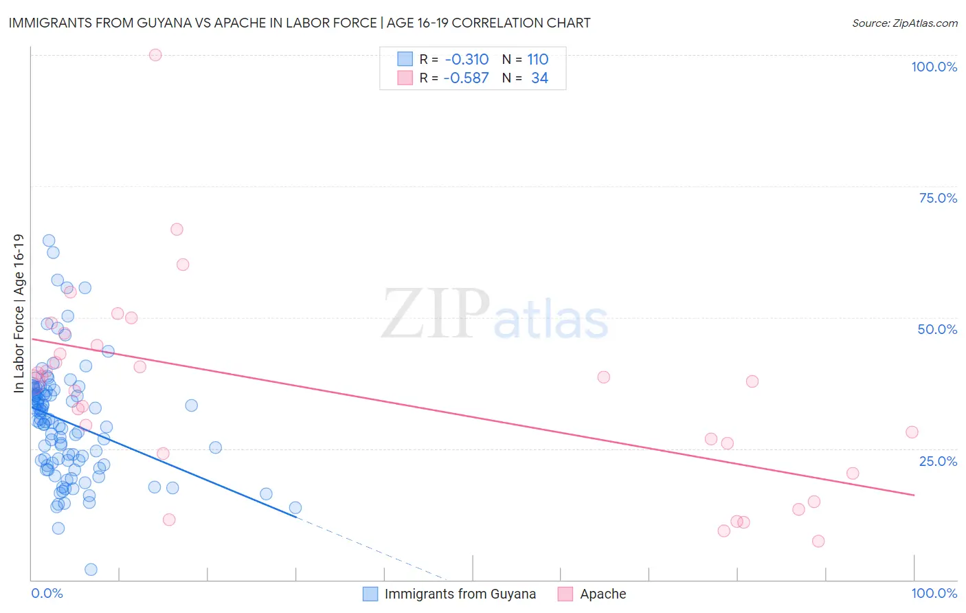 Immigrants from Guyana vs Apache In Labor Force | Age 16-19