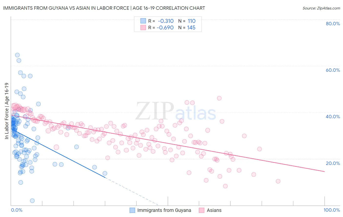 Immigrants from Guyana vs Asian In Labor Force | Age 16-19