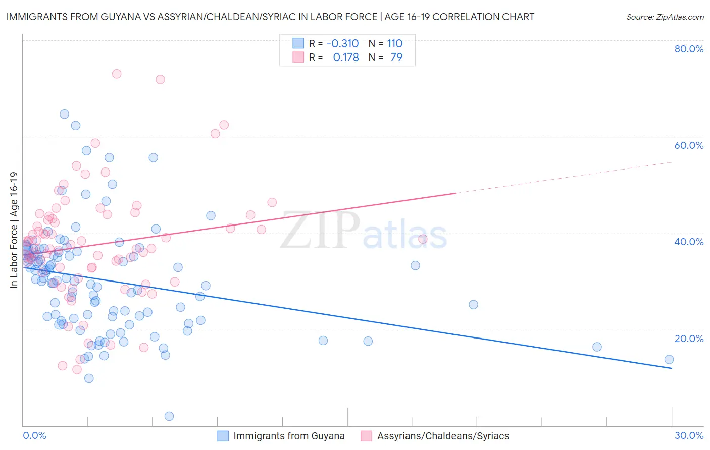 Immigrants from Guyana vs Assyrian/Chaldean/Syriac In Labor Force | Age 16-19