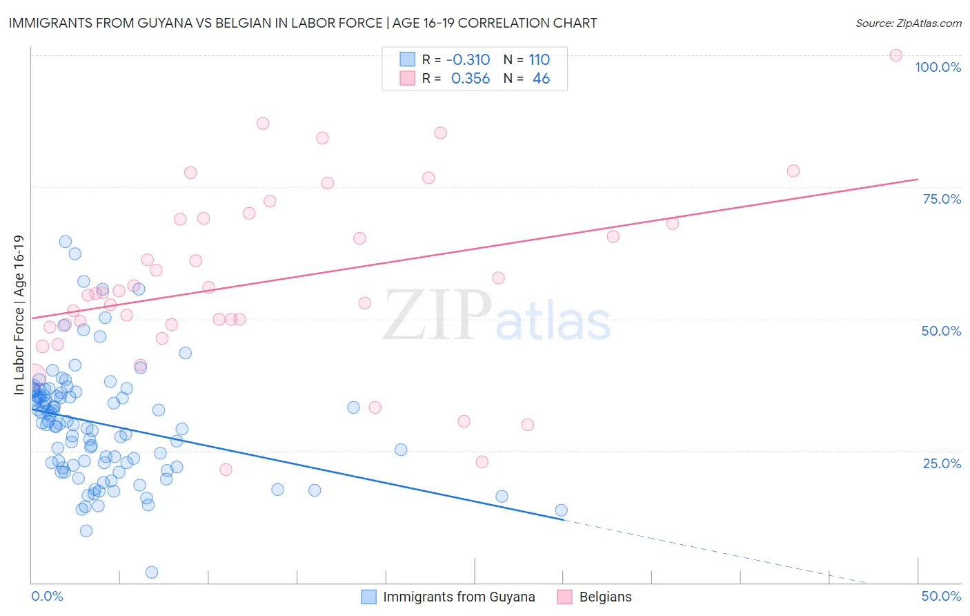 Immigrants from Guyana vs Belgian In Labor Force | Age 16-19