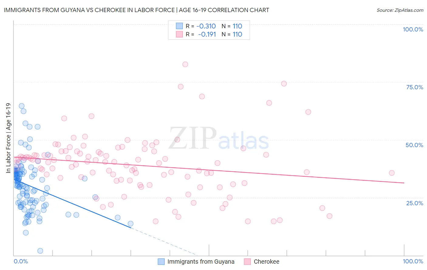 Immigrants from Guyana vs Cherokee In Labor Force | Age 16-19