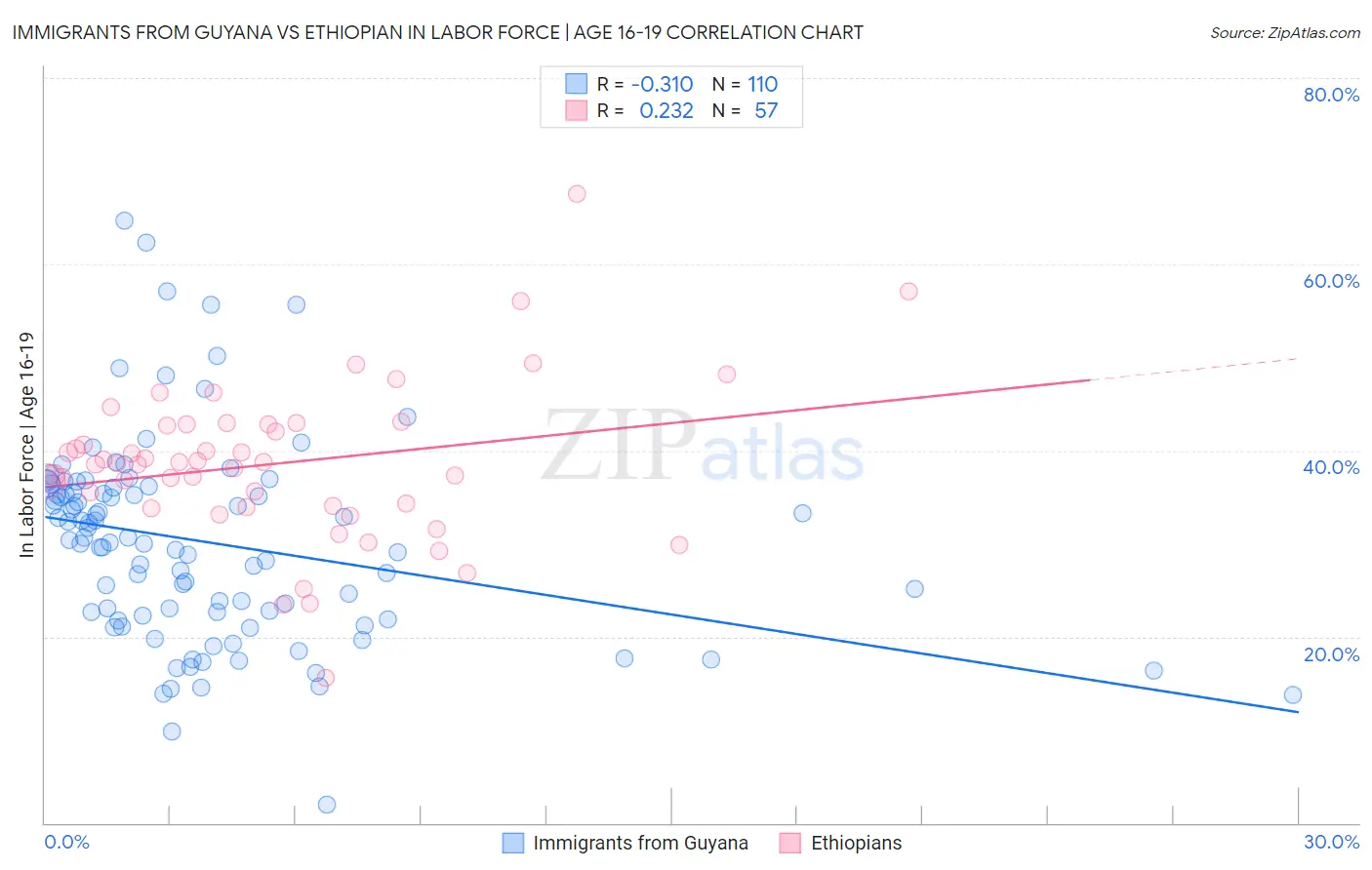 Immigrants from Guyana vs Ethiopian In Labor Force | Age 16-19