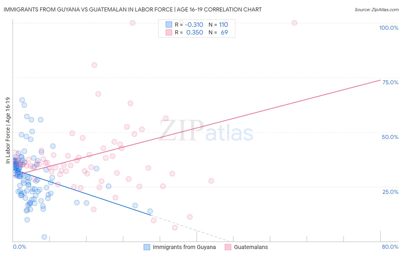 Immigrants from Guyana vs Guatemalan In Labor Force | Age 16-19