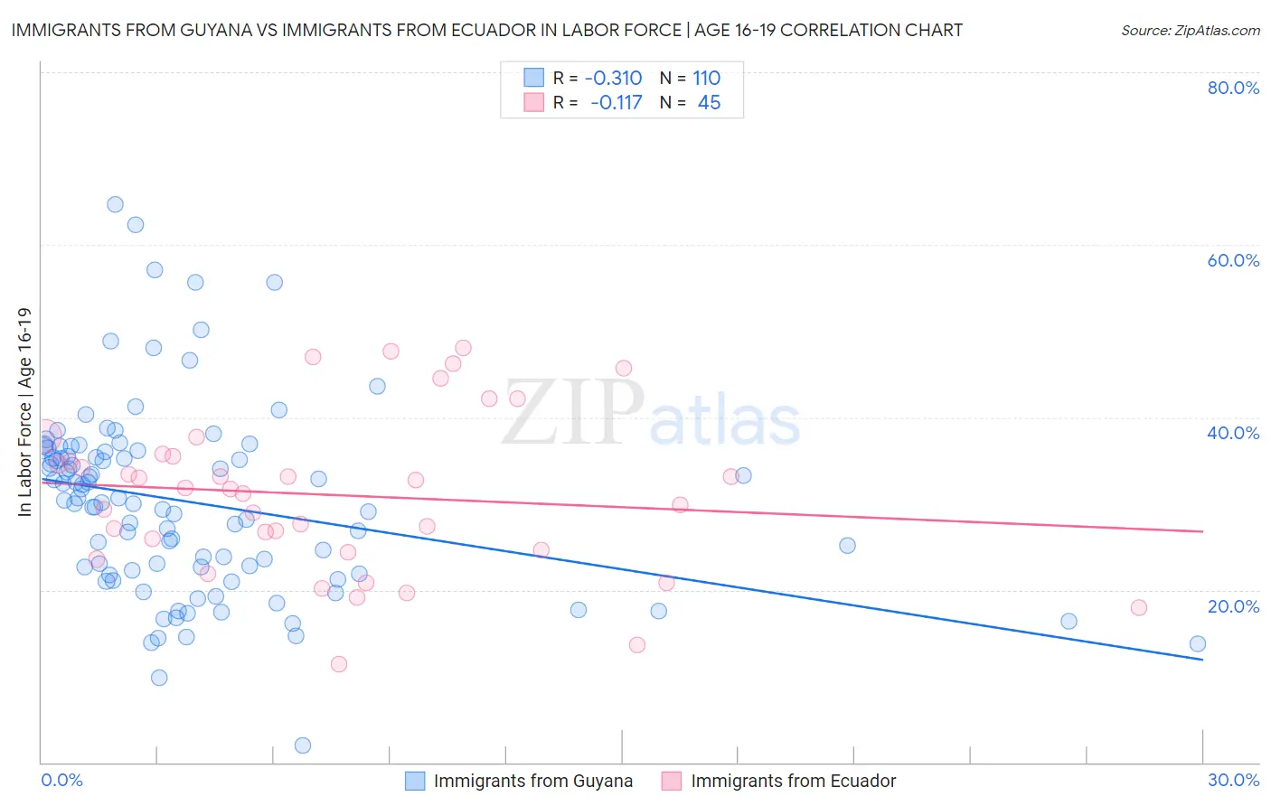 Immigrants from Guyana vs Immigrants from Ecuador In Labor Force | Age 16-19