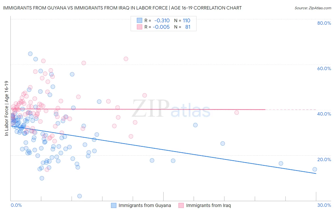 Immigrants from Guyana vs Immigrants from Iraq In Labor Force | Age 16-19