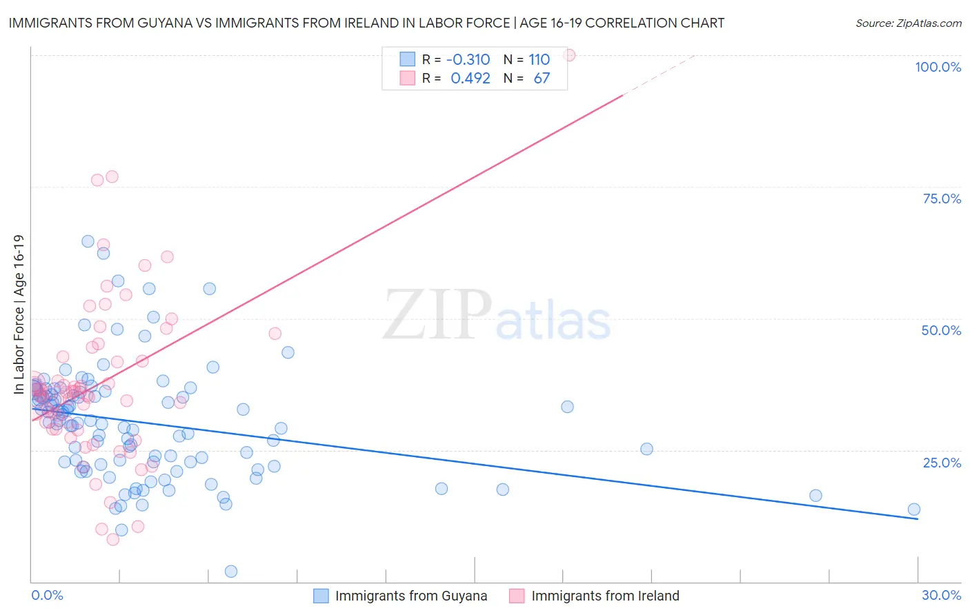 Immigrants from Guyana vs Immigrants from Ireland In Labor Force | Age 16-19