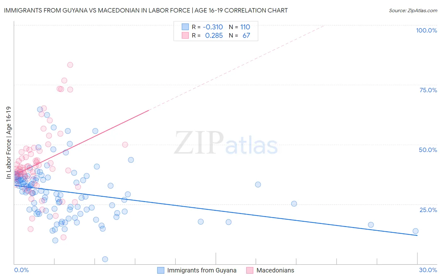 Immigrants from Guyana vs Macedonian In Labor Force | Age 16-19