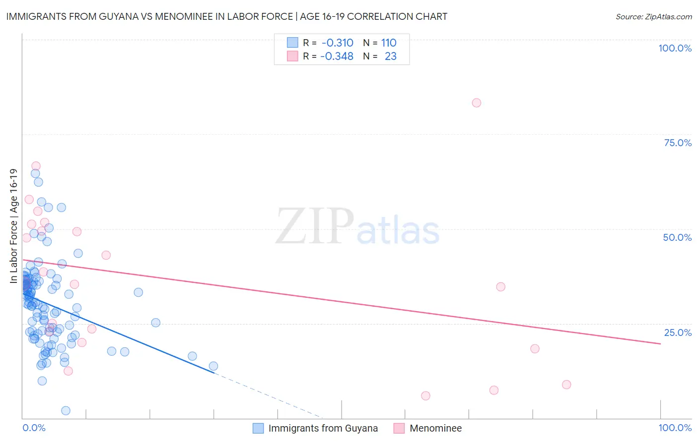 Immigrants from Guyana vs Menominee In Labor Force | Age 16-19