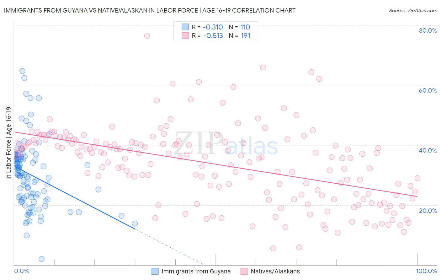 Immigrants from Guyana vs Native/Alaskan In Labor Force | Age 16-19