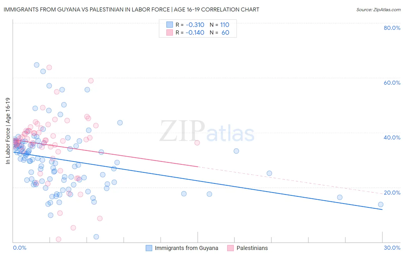 Immigrants from Guyana vs Palestinian In Labor Force | Age 16-19