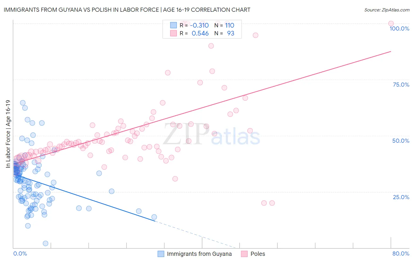 Immigrants from Guyana vs Polish In Labor Force | Age 16-19