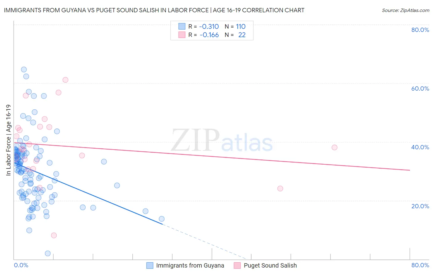 Immigrants from Guyana vs Puget Sound Salish In Labor Force | Age 16-19