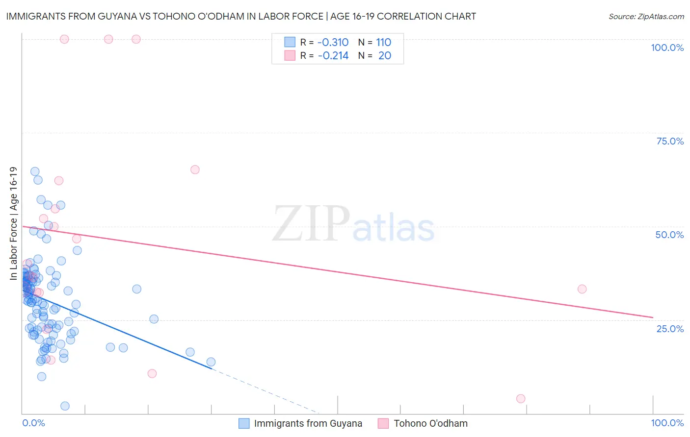 Immigrants from Guyana vs Tohono O'odham In Labor Force | Age 16-19