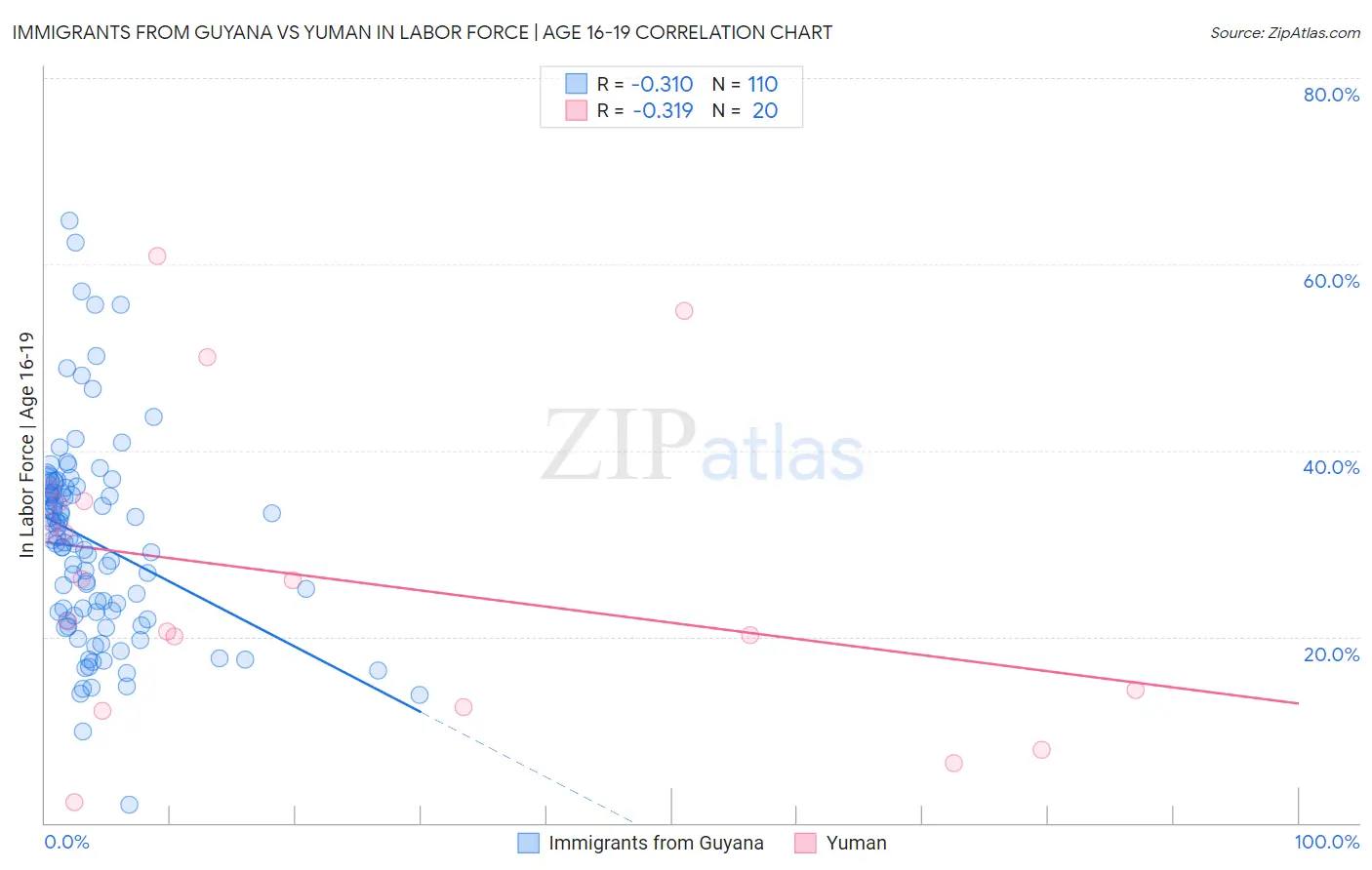 Immigrants from Guyana vs Yuman In Labor Force | Age 16-19