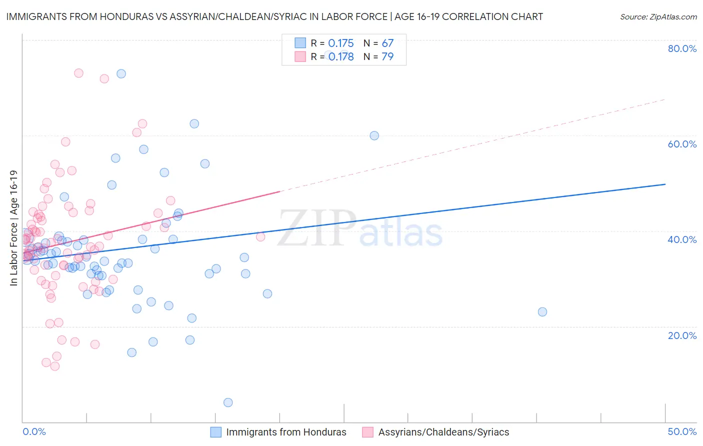 Immigrants from Honduras vs Assyrian/Chaldean/Syriac In Labor Force | Age 16-19