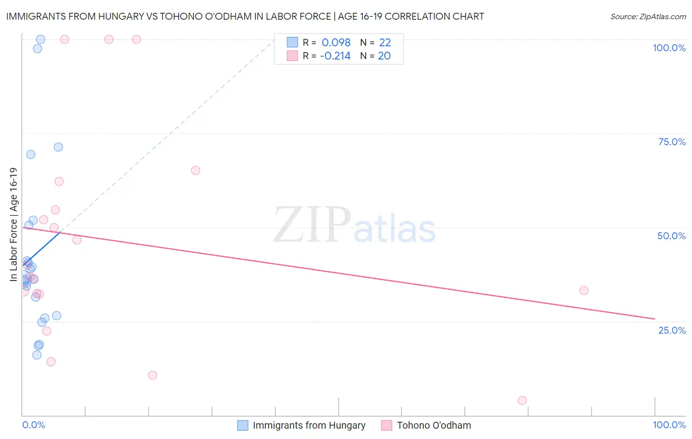 Immigrants from Hungary vs Tohono O'odham In Labor Force | Age 16-19