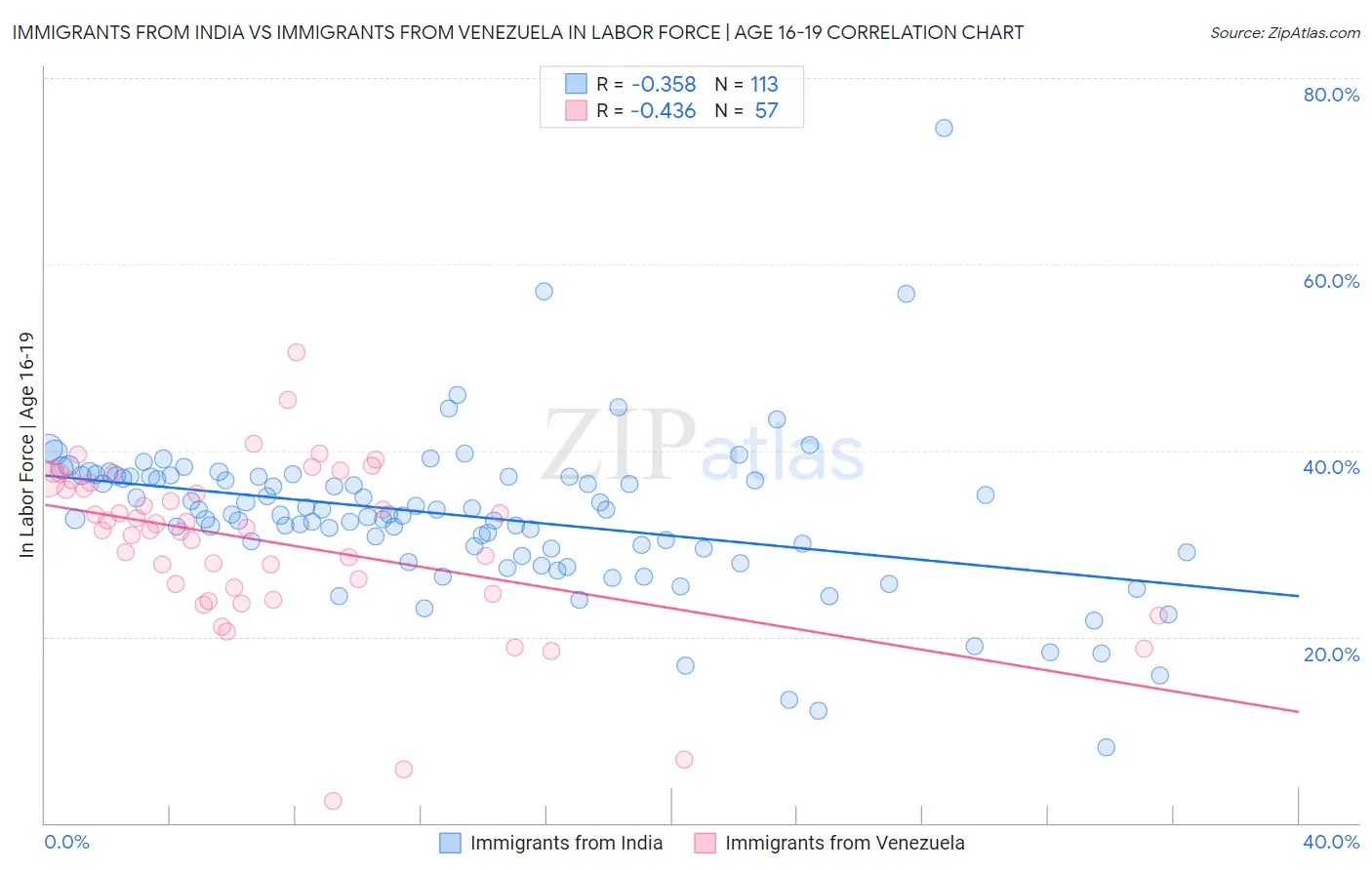 Immigrants from India vs Immigrants from Venezuela In Labor Force | Age 16-19