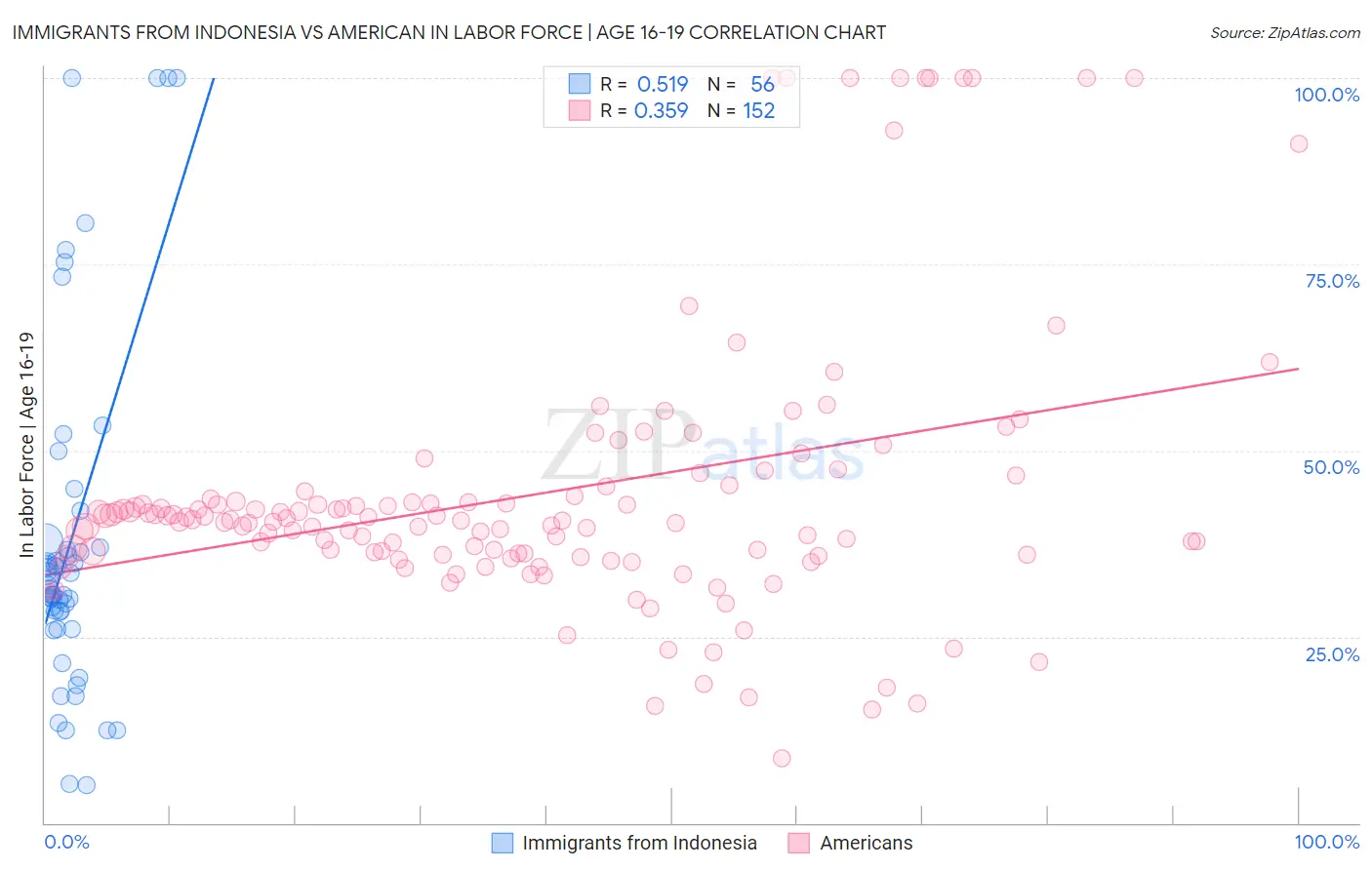 Immigrants from Indonesia vs American In Labor Force | Age 16-19