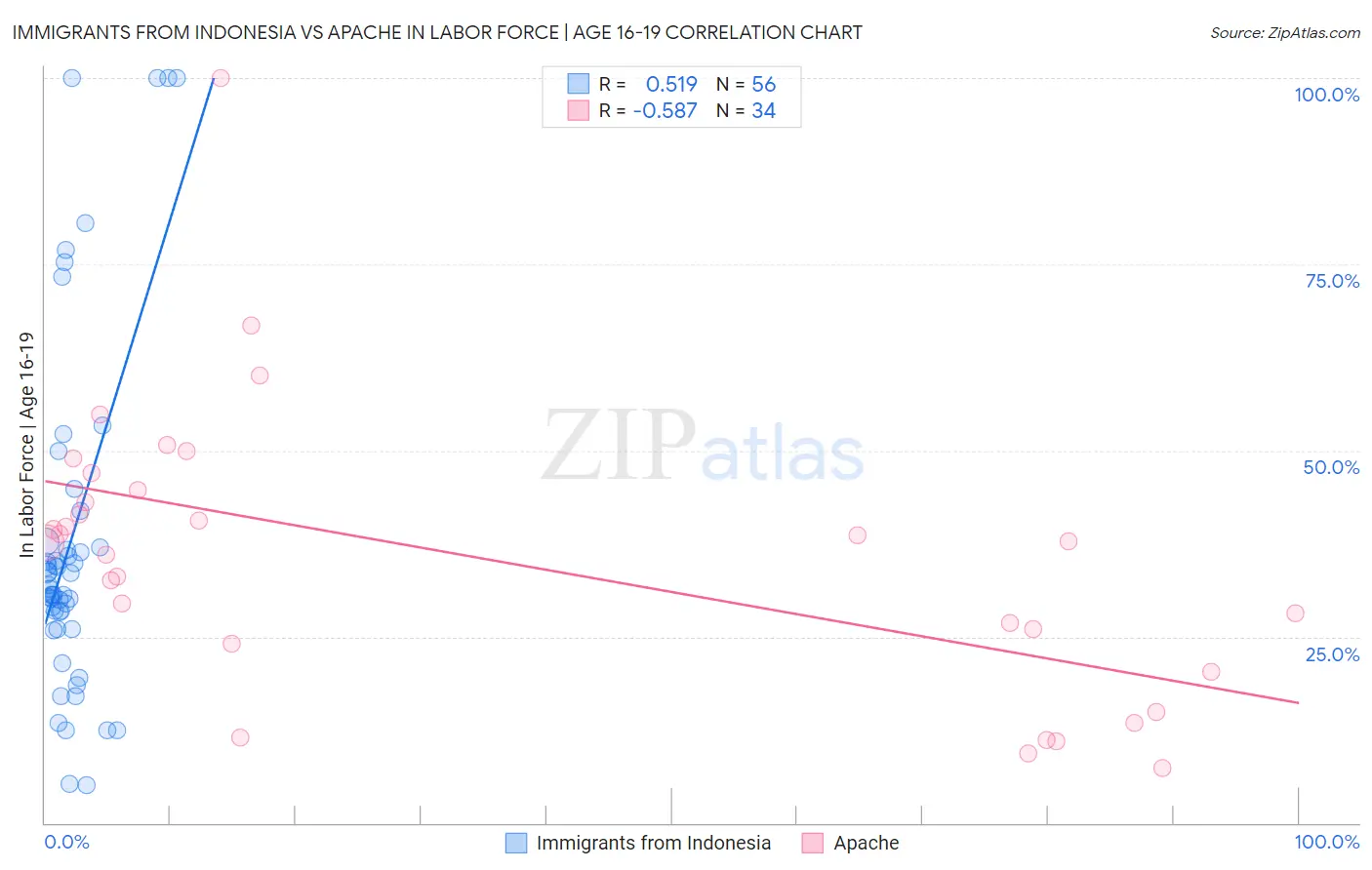 Immigrants from Indonesia vs Apache In Labor Force | Age 16-19