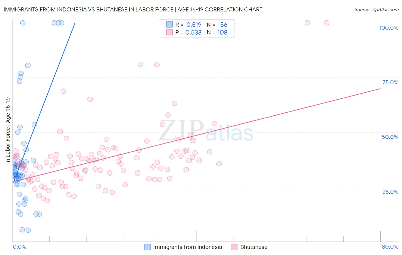 Immigrants from Indonesia vs Bhutanese In Labor Force | Age 16-19