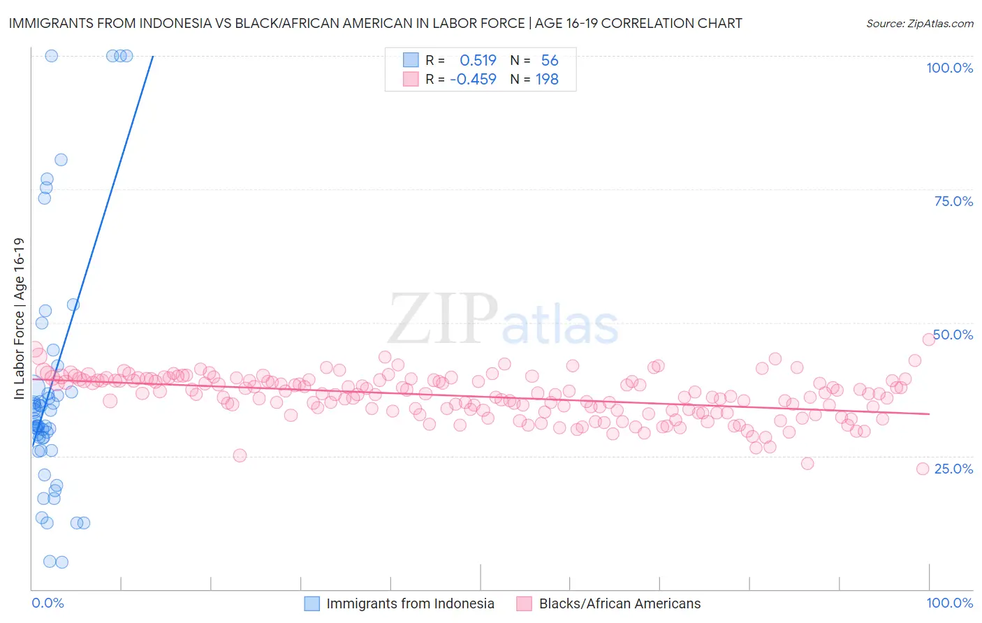 Immigrants from Indonesia vs Black/African American In Labor Force | Age 16-19