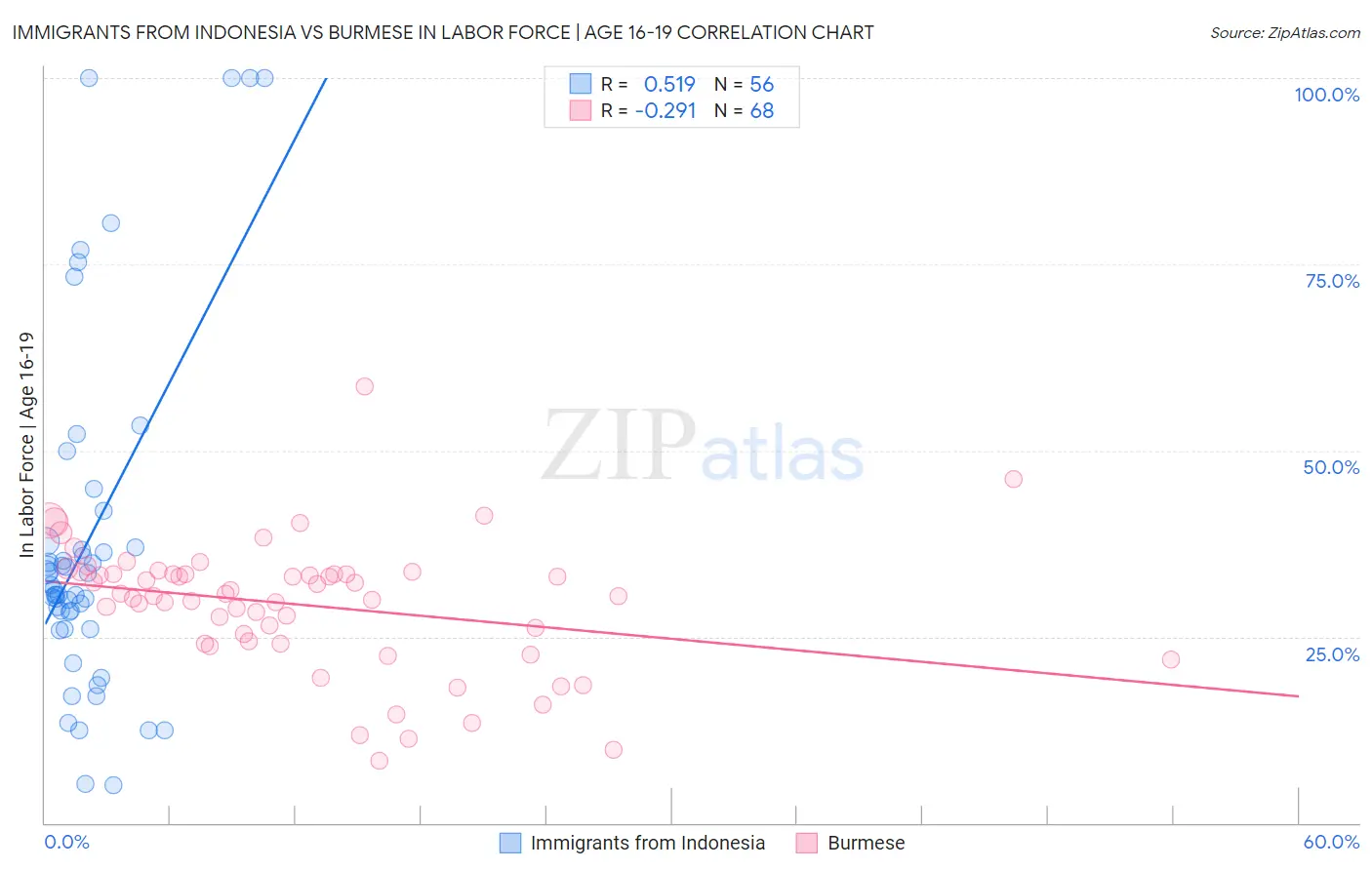 Immigrants from Indonesia vs Burmese In Labor Force | Age 16-19