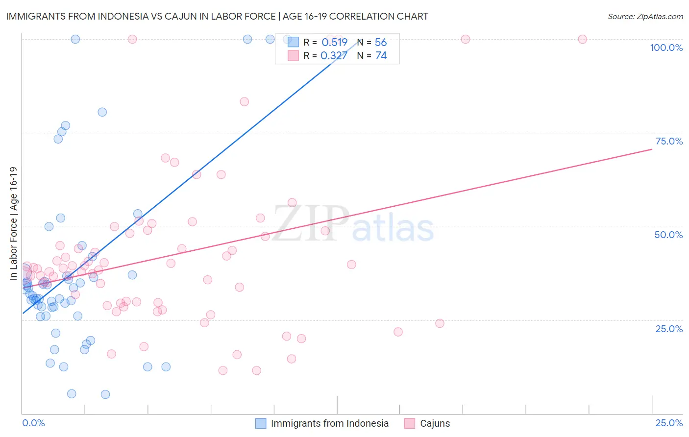 Immigrants from Indonesia vs Cajun In Labor Force | Age 16-19