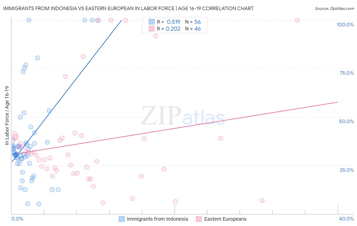 Immigrants from Indonesia vs Eastern European In Labor Force | Age 16-19
