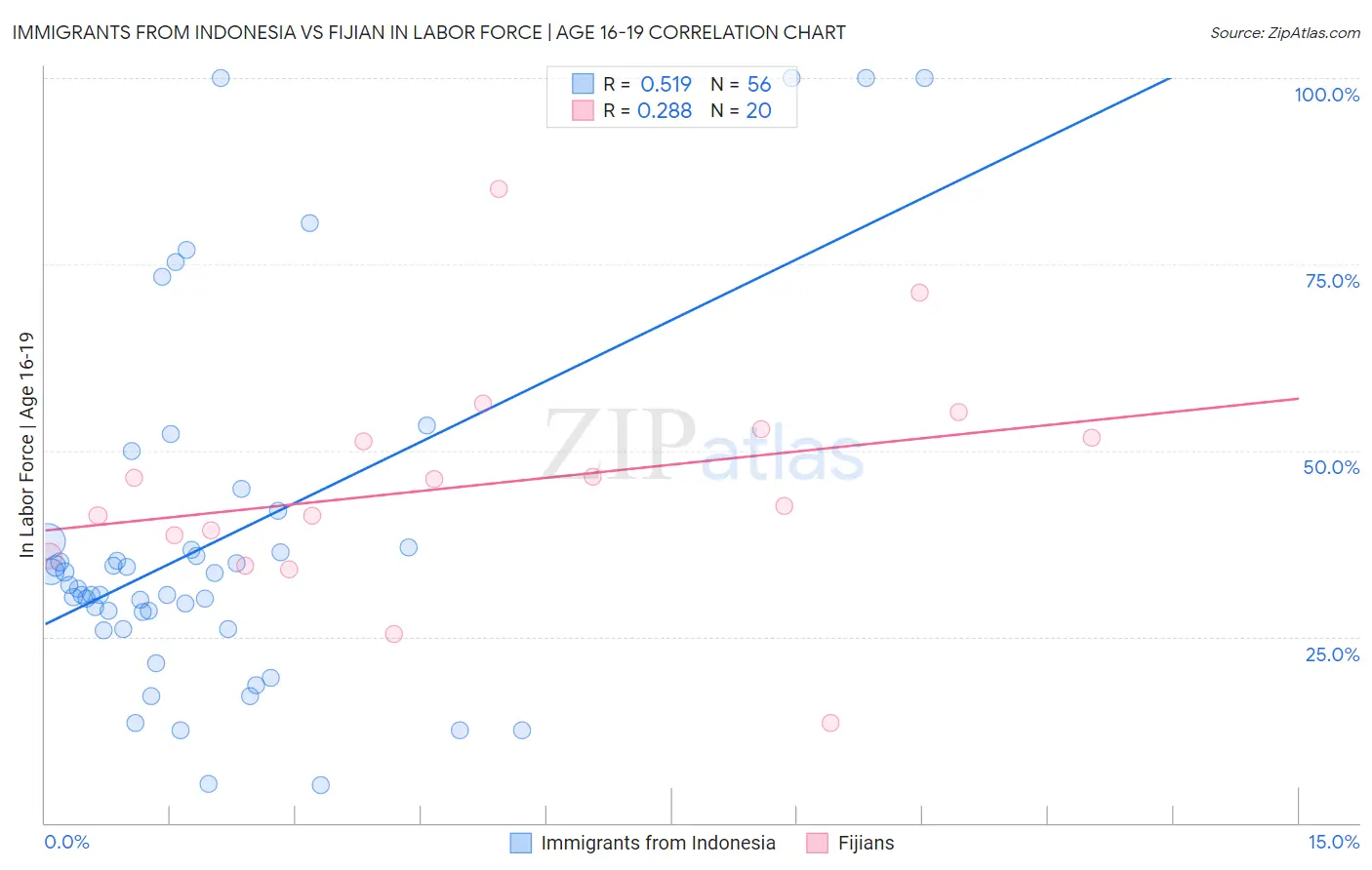 Immigrants from Indonesia vs Fijian In Labor Force | Age 16-19