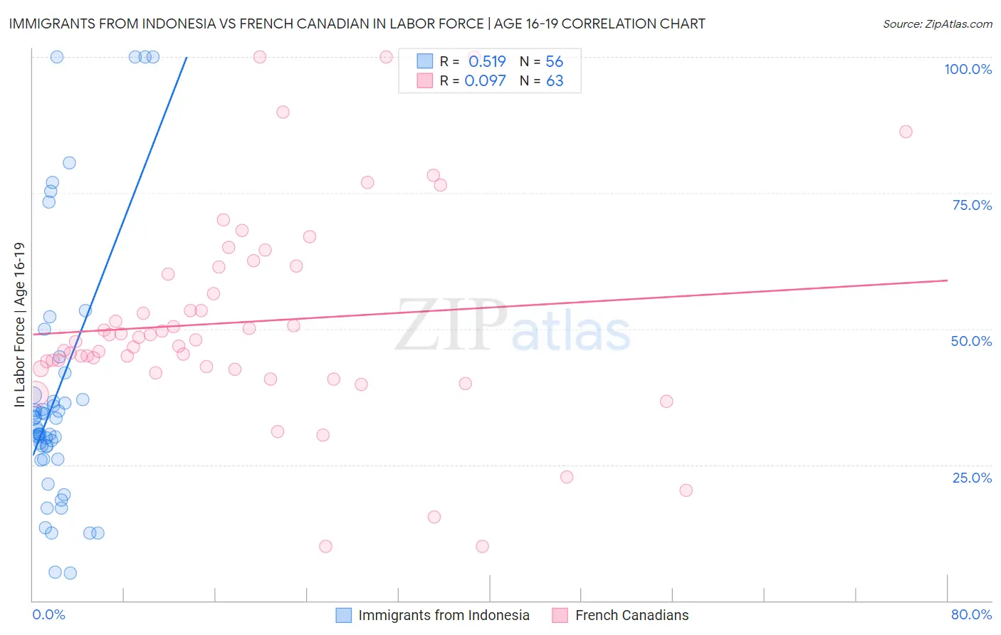 Immigrants from Indonesia vs French Canadian In Labor Force | Age 16-19