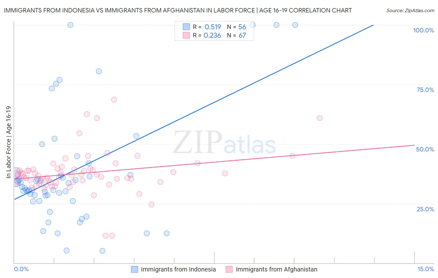 Immigrants from Indonesia vs Immigrants from Afghanistan In Labor Force | Age 16-19