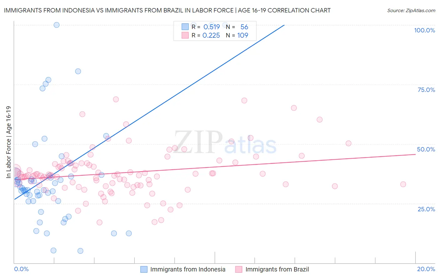 Immigrants from Indonesia vs Immigrants from Brazil In Labor Force | Age 16-19