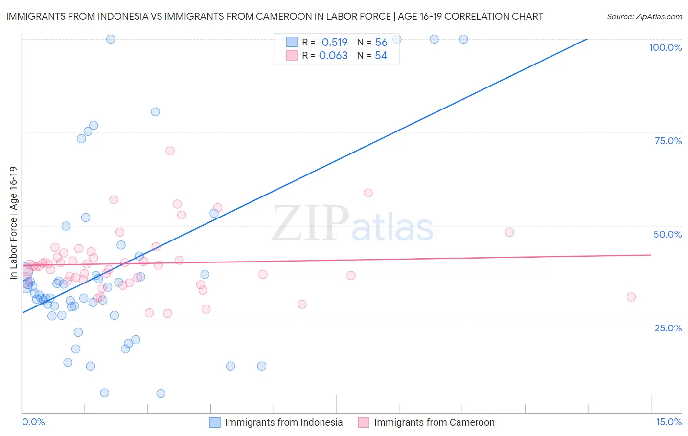 Immigrants from Indonesia vs Immigrants from Cameroon In Labor Force | Age 16-19
