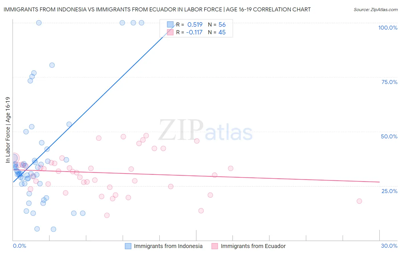 Immigrants from Indonesia vs Immigrants from Ecuador In Labor Force | Age 16-19