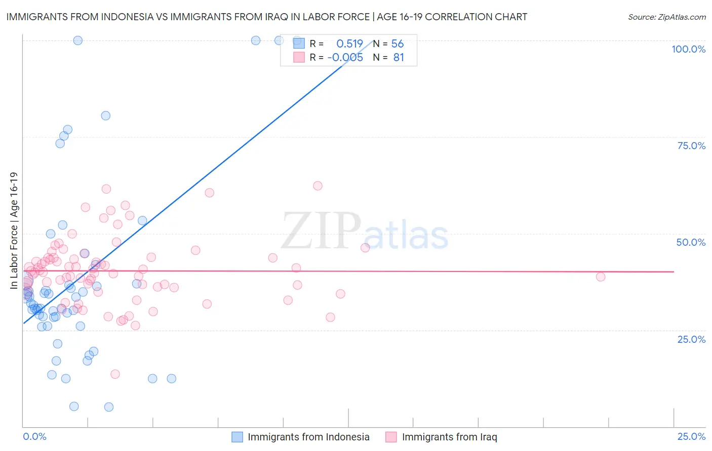 Immigrants from Indonesia vs Immigrants from Iraq In Labor Force | Age 16-19