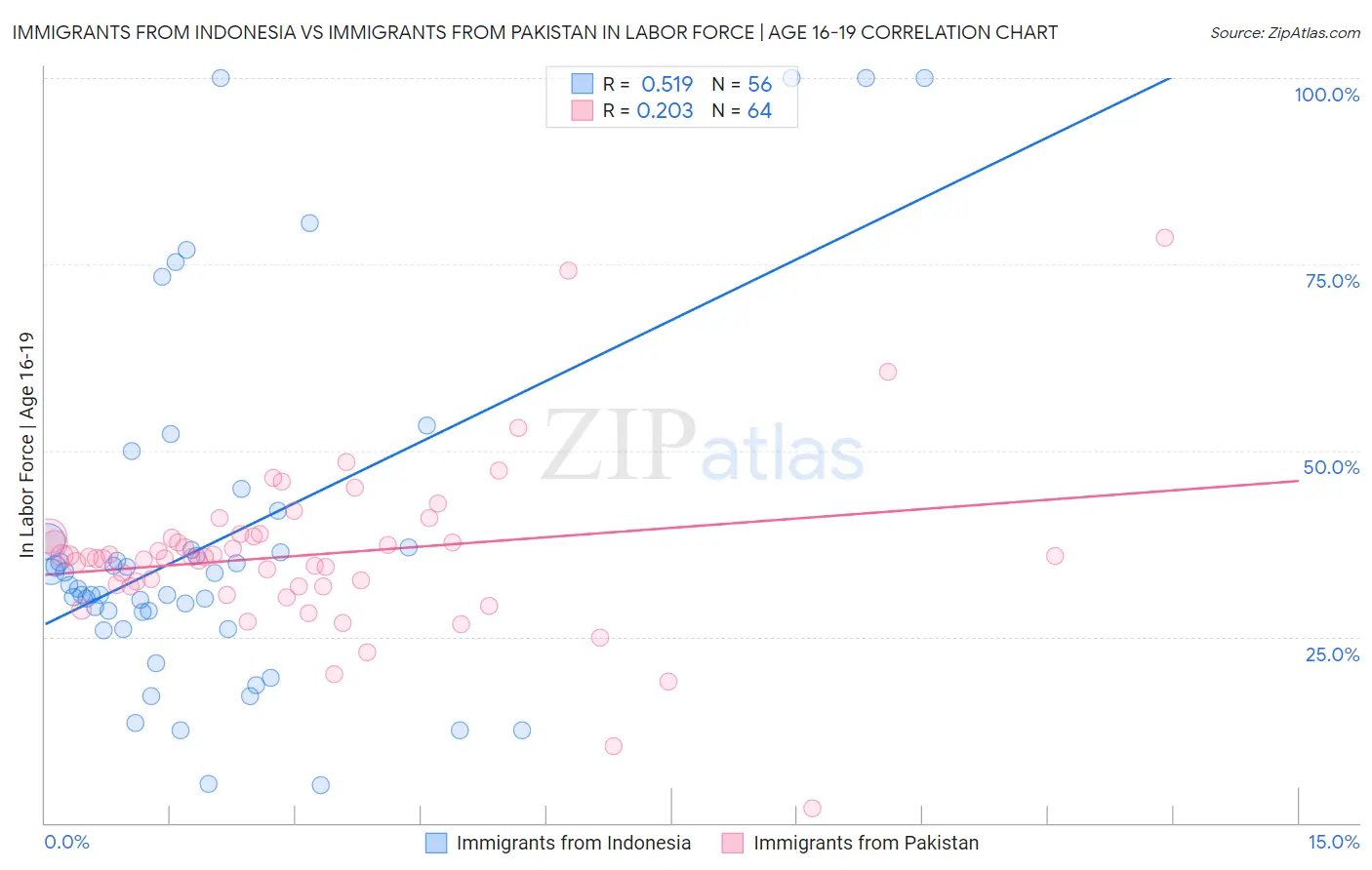 Immigrants from Indonesia vs Immigrants from Pakistan In Labor Force | Age 16-19