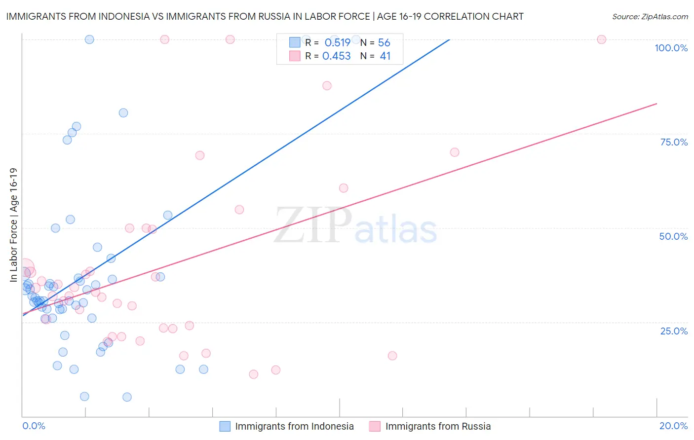 Immigrants from Indonesia vs Immigrants from Russia In Labor Force | Age 16-19