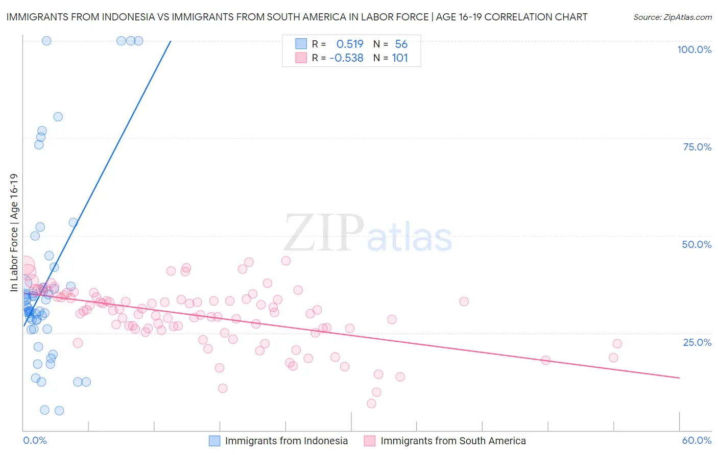 Immigrants from Indonesia vs Immigrants from South America In Labor Force | Age 16-19