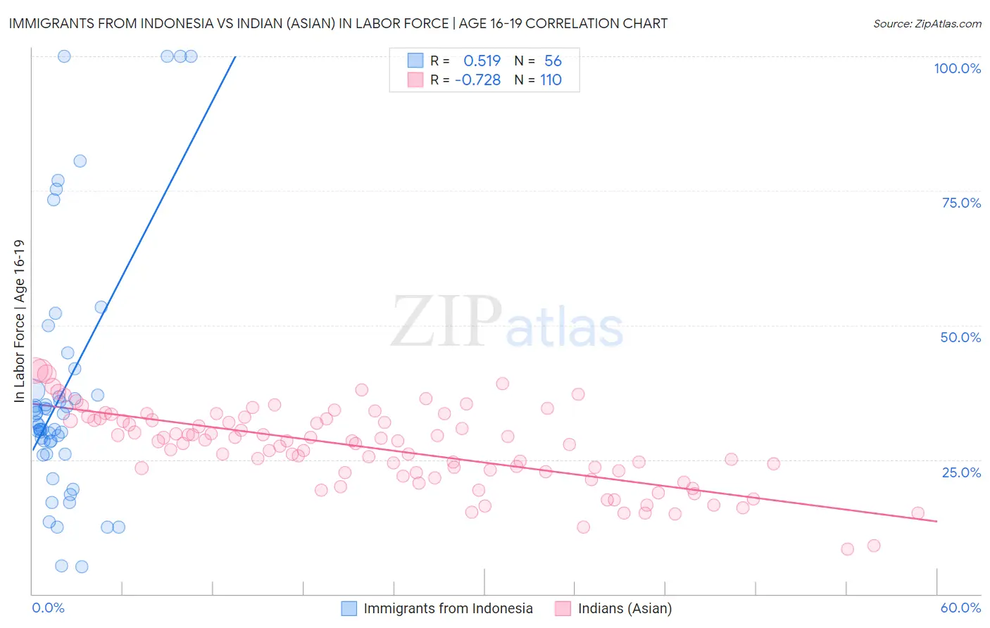 Immigrants from Indonesia vs Indian (Asian) In Labor Force | Age 16-19