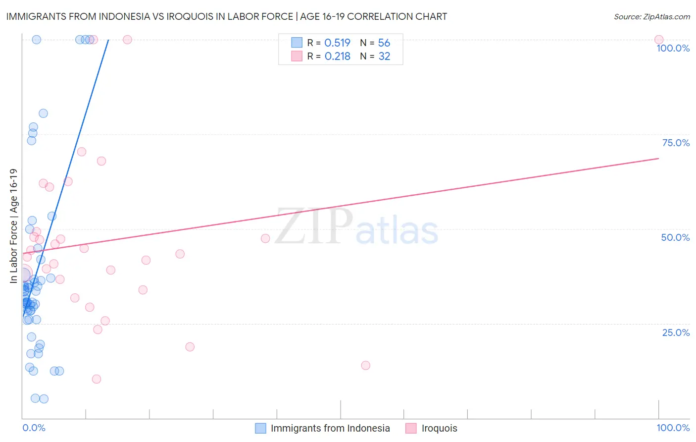 Immigrants from Indonesia vs Iroquois In Labor Force | Age 16-19