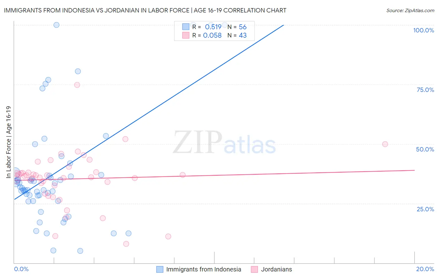 Immigrants from Indonesia vs Jordanian In Labor Force | Age 16-19