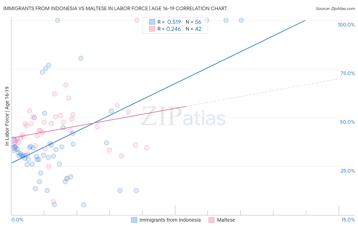 Immigrants from Indonesia vs Maltese In Labor Force | Age 16-19