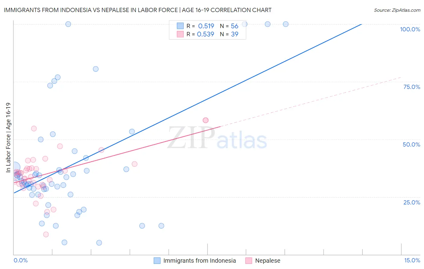 Immigrants from Indonesia vs Nepalese In Labor Force | Age 16-19