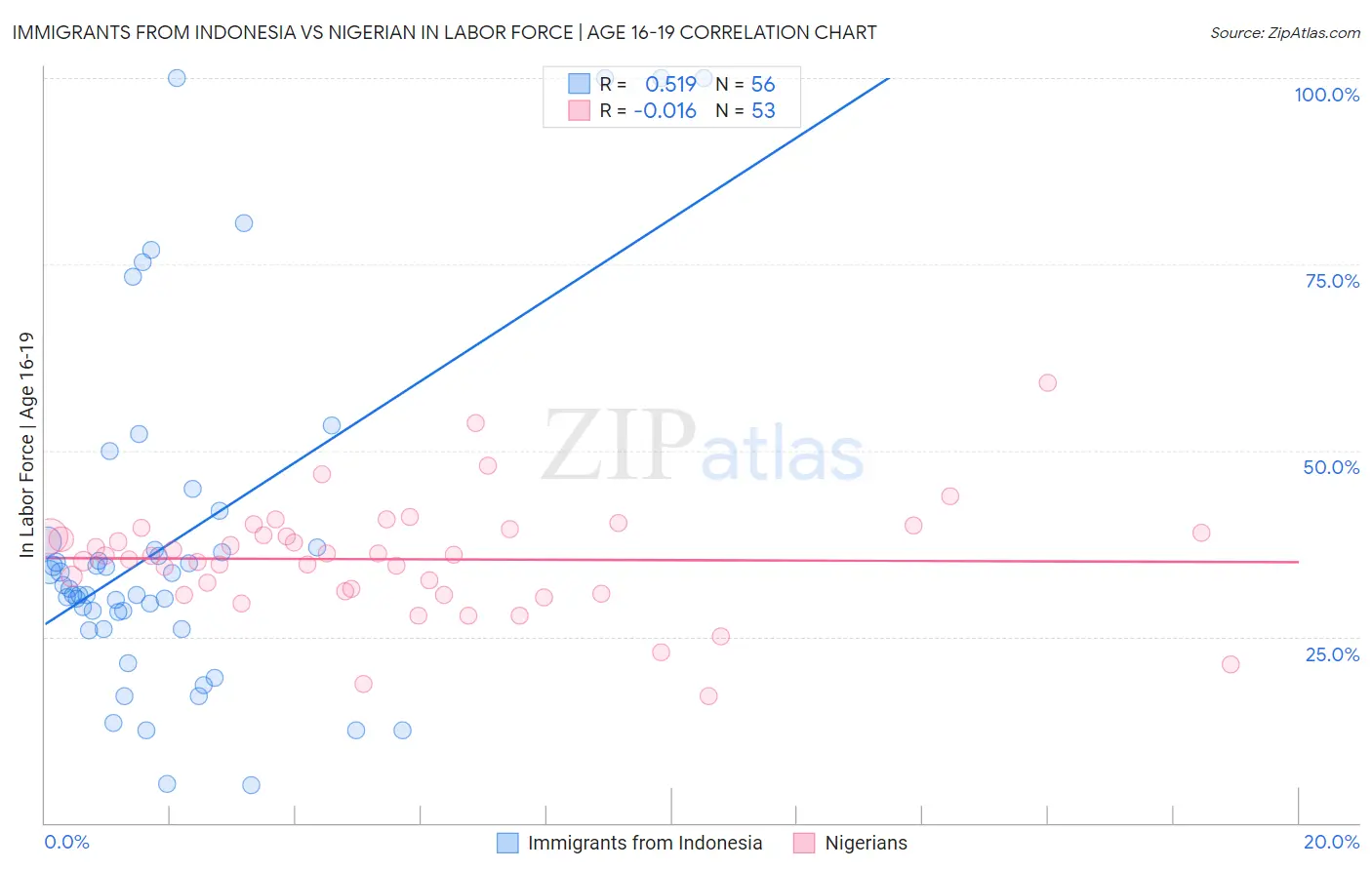 Immigrants from Indonesia vs Nigerian In Labor Force | Age 16-19